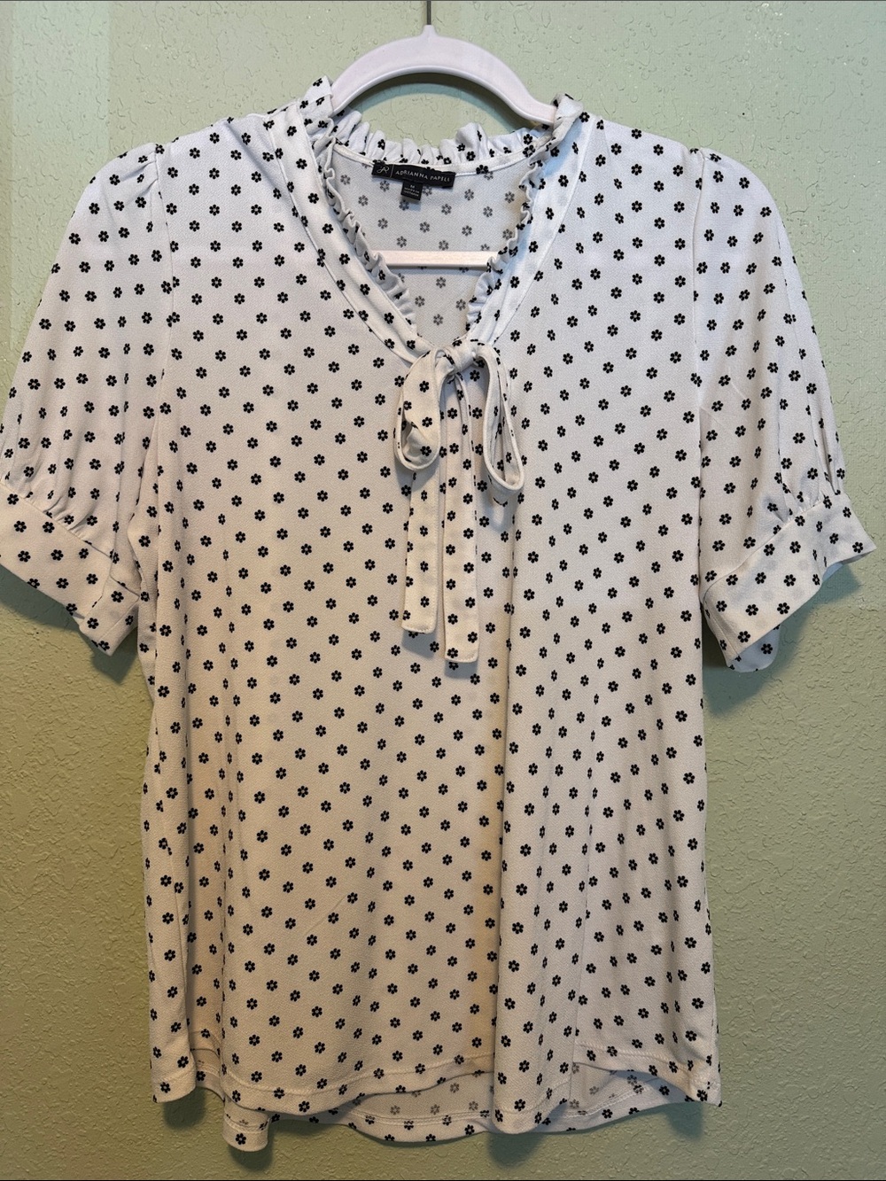 Adrianna Papell White Blouse with Black Floral Dot Pattern and Tie-Neck